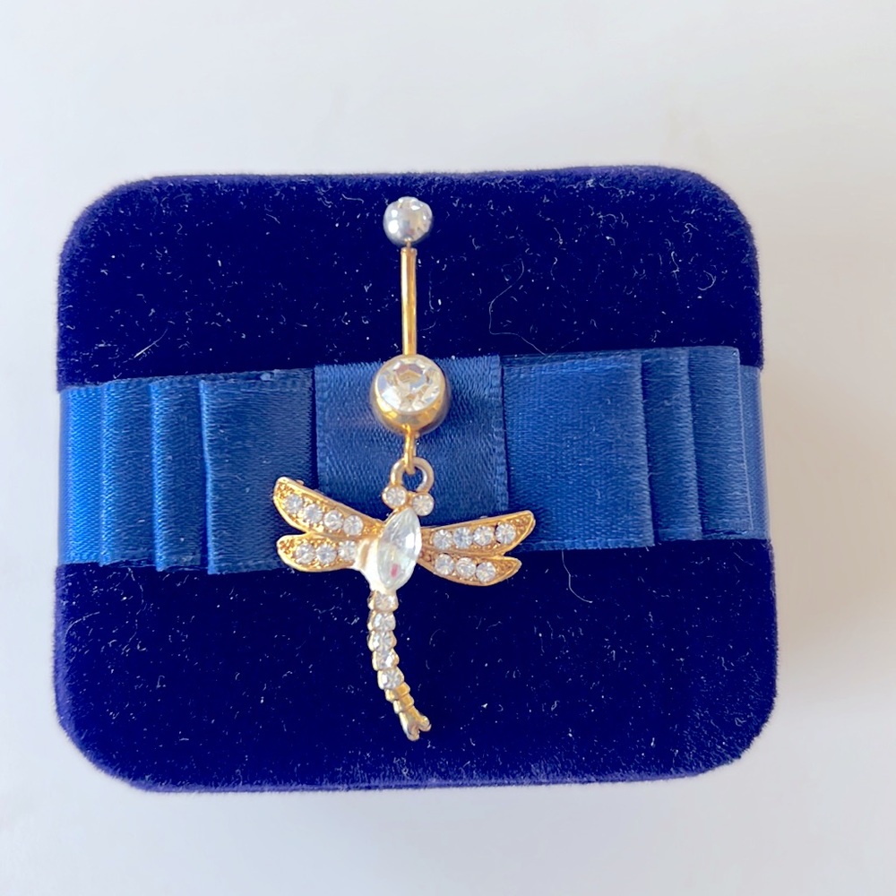 Gold & White Crystals DragonFly Navel Ring